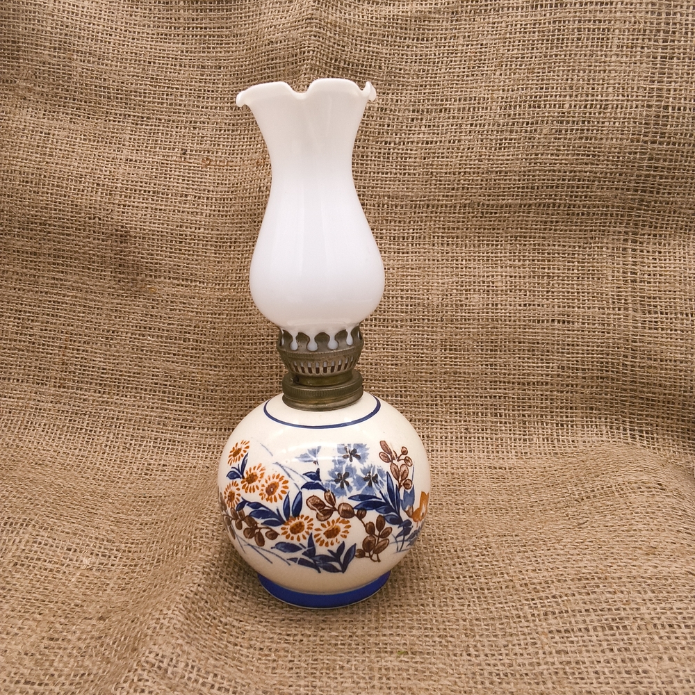 Vintage Floral Ceramic Oil Lamp with White Glass Shade